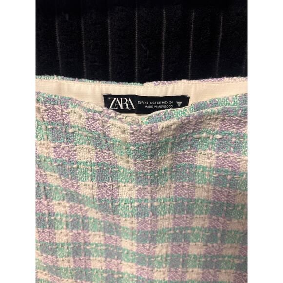 Zara Women’s Tweed Plaid Bouclé Jacket & Skort Set XS Teal Purple White - Picture 4 of 5